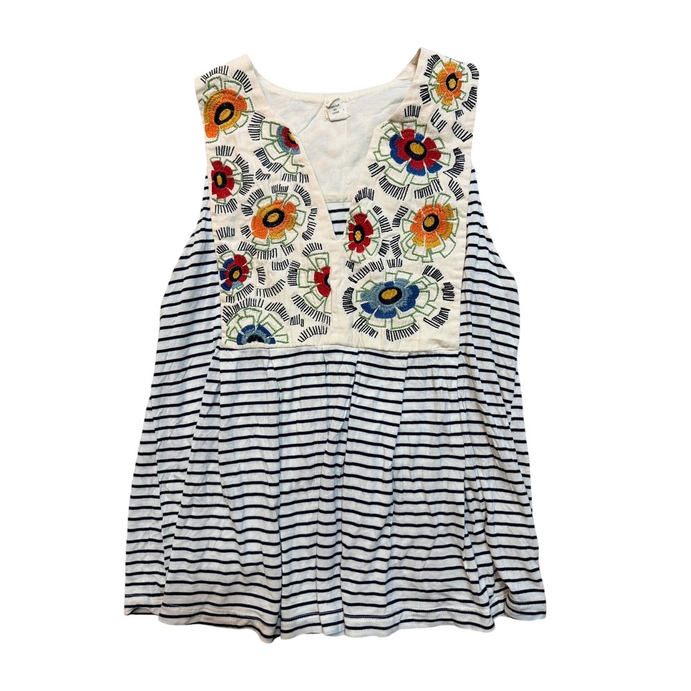 TINY Embroidered Floral Striped Sleeveless Top Small Boho V-Neck Babydoll Navy